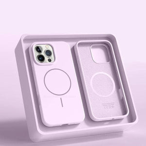 Silicone phone case with 'Official Liquid' branding on a light purple background