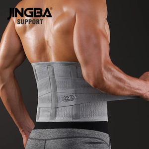 Person wearing a gray waist support brace with JINGBA branding on a black background