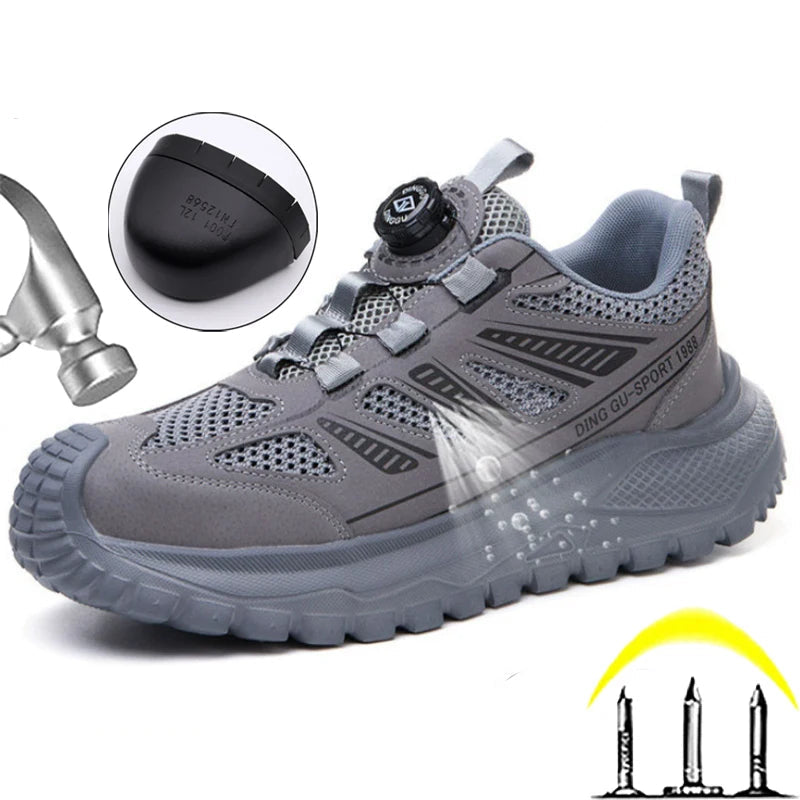 Gray safety work shoe with a close-up of a sole component on a white background.