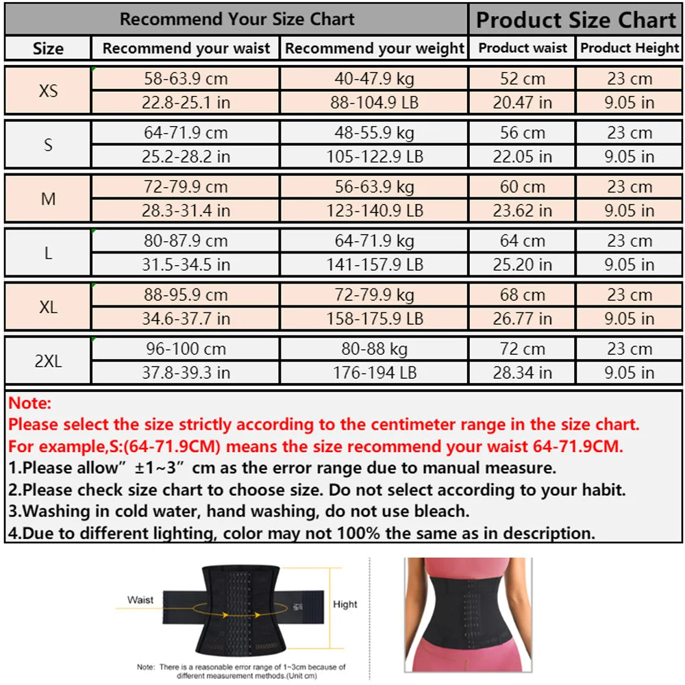 Size chart for waist training products with recommended waist, weight, and product dimensions.