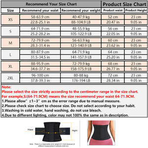 Size chart for waist training products with recommended waist, weight, and product dimensions.