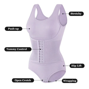 Purple shapewear bodysuit with feature labels on a white background