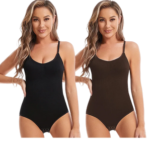 Two women wearing black and brown bodysuits on a white background.