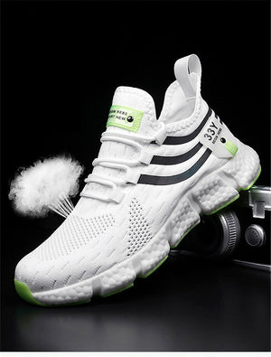 White sneaker with black stripes and green accents on a dark background