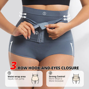 Person wearing a gray waist trainer with text and icons explaining its features on a white background.