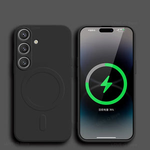 Black phone case with a smartphone displaying battery charging icon on a dark background