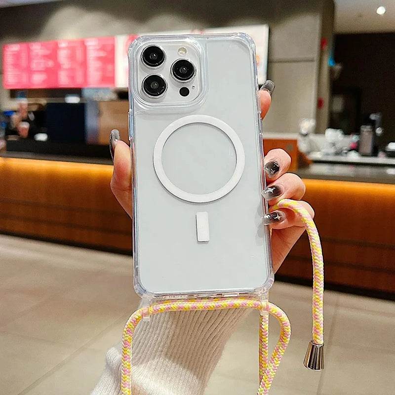 Shockproof Magnetic Clear iPhone Case with Hanging Rope Cover by a hand in a casual setting