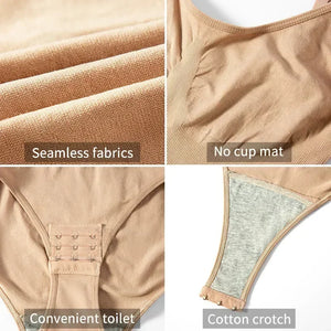 Beige shapewear with text labels on seamless fabrics, no cup mat, convenient toilet, and cotton crotch.
