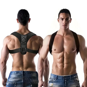 Man wearing a Adjustable shoulder back support strap for daily posture comfort from different angles on a white background