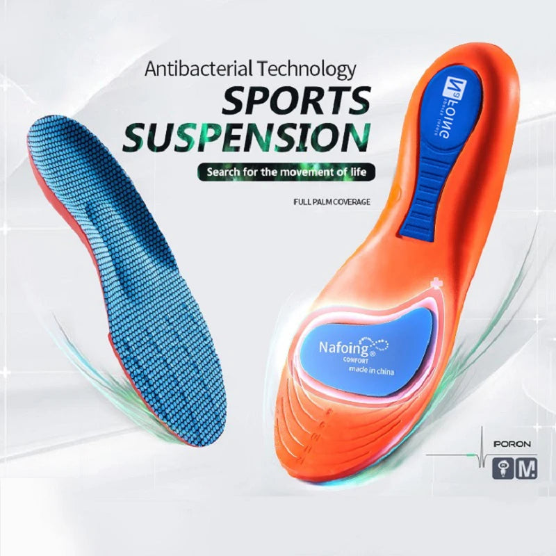 Two shoe insoles, one blue and one orange, with Nafoing branding on a white background.