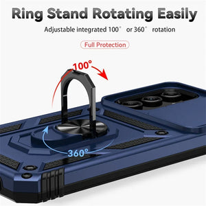 Blue Samsung phone case with ring stand feature on a white background