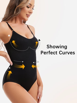 Woman wearing a black bodysuit with text 'Showing Perfect Curves' on a beige background