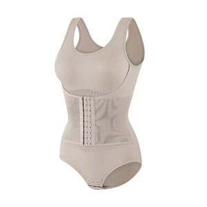 Beige women tummy control bodysuit shapewear on a white background