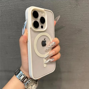 Hand holding a phone case against a gray background