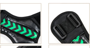 Close-up of a black and green protective gear with a buckle detail on a white background.