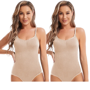 Two images of a woman wearing a beige bodysuit with 'Two Skin' branding.