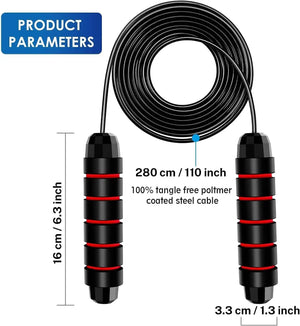 Black and red jump rope with product parameters on a white background