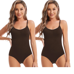 Two identical images of a woman wearing a black bodysuit on a white background.