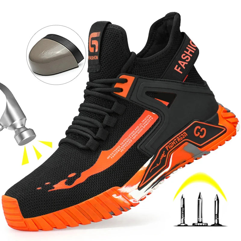 Black and orange safety work boots with a breathable mesh upper, thick textured sole, and graphic accents, shown on a white background with inset callouts about impact resistance and puncture protection.