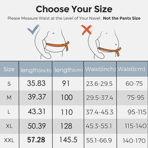 waist support belt for lower back Size chart for clothing with waist measurement instructions and dimensions.