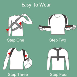 Step-by-step guide on how to wear a shoulder brace with illustrations and text.