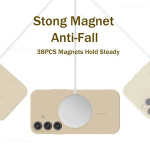 Beige phone case with magnetic feature and text 'Stong Magnet Anti-Fall' on a white background