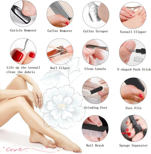 Collection of foot care tools with labeled uses on a white background.