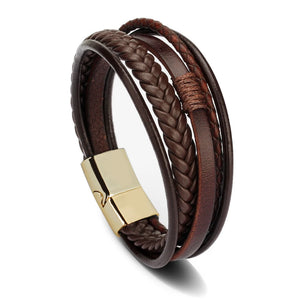 Mens braided leather bracelet with stainless steel clasp multilayer rope wristband