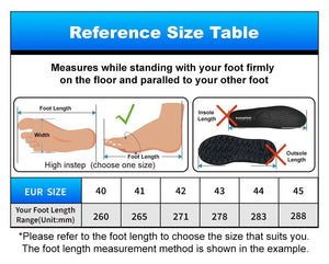 Reference size table for foot measurements with illustrations and EUR size chart.
