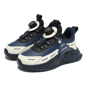 Pair of blue and white sneakers with black accents on a white background