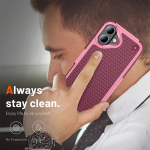Person holding a pink iphone case with text 'Always stay clean. Enjoy life to be yourself' and 'No Fingerprints Any Grain'.