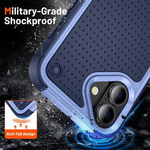 Military-grade shockproof iphone case with anti-fall design features on a dark background.