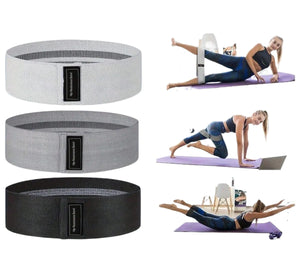 Yoga belts in gray and black with people using them for yoga poses on a white background