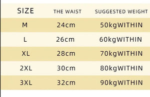 Size chart for waist measurement and suggested weight range on a beige background