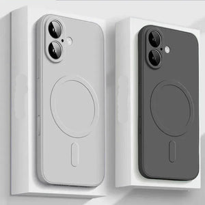 Two MagSafe liquid silicone iPhone case with shockproof protection for iPhone 12–17 Pro Max, one white and one gray on a white background.