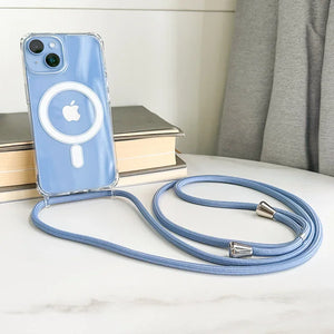 Crossbody Magnetic Clear iPhone Case with Lanyard Hard PC Back Cover blue lanyard on a white surface