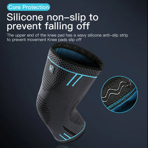 Black knee pad with silicone anti-slip strip on a dark background