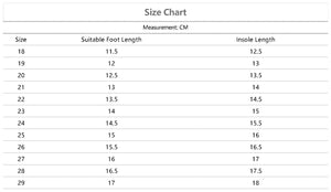 A size chart table with columns labeled Size, Suitable Foot Length in CM, and Insole Length in CM, showing measurements from size 18 to 29.