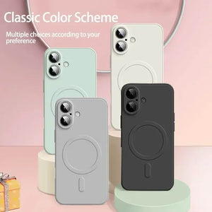 Four phone cases in different colors on a pink background with text about color schemes.