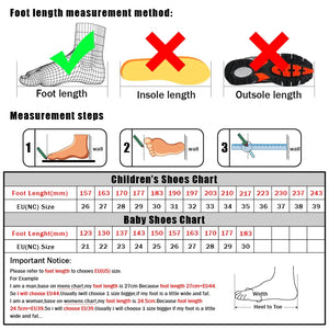 Instructions on measuring foot length and a chart for children's and baby shoes.