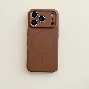 Brown phone case with a minimalist design on a beige background