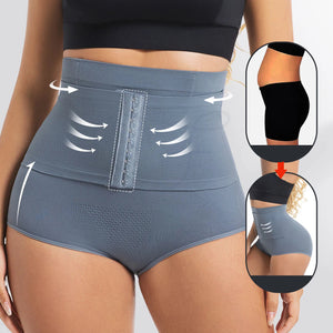 Gray waist trainer with before and after effects on a person wearing it.