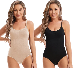 Two women wearing shapewear bodysuits, one black and one beige, on a white background.