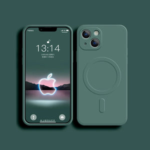Smartphone with green case on a dark green background