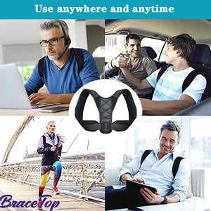 Collage of people using a Adjustable shoulder back support strap for daily posture comfort with text 'Use anywhere and anytime' and 'BraceTop' branding.
