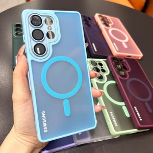Magnetic matte translucent Samsung Galaxy case with camera lens protection and shockproof bumper