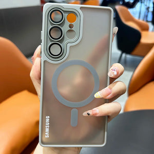 Magnetic matte translucent Samsung Galaxy case with camera lens protection and shockproof bumper