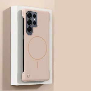 Magnetic matte Samsung Galaxy case compatible with wireless charging on a beige background