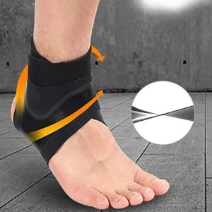 Ankle support brace on a foot with a close-up inset showing a detailed view.