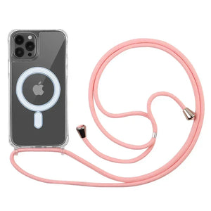 Crossbody Magnetic Clear iPhone Case with Lanyard Hard PC Back Cover and pink necklace on a white background